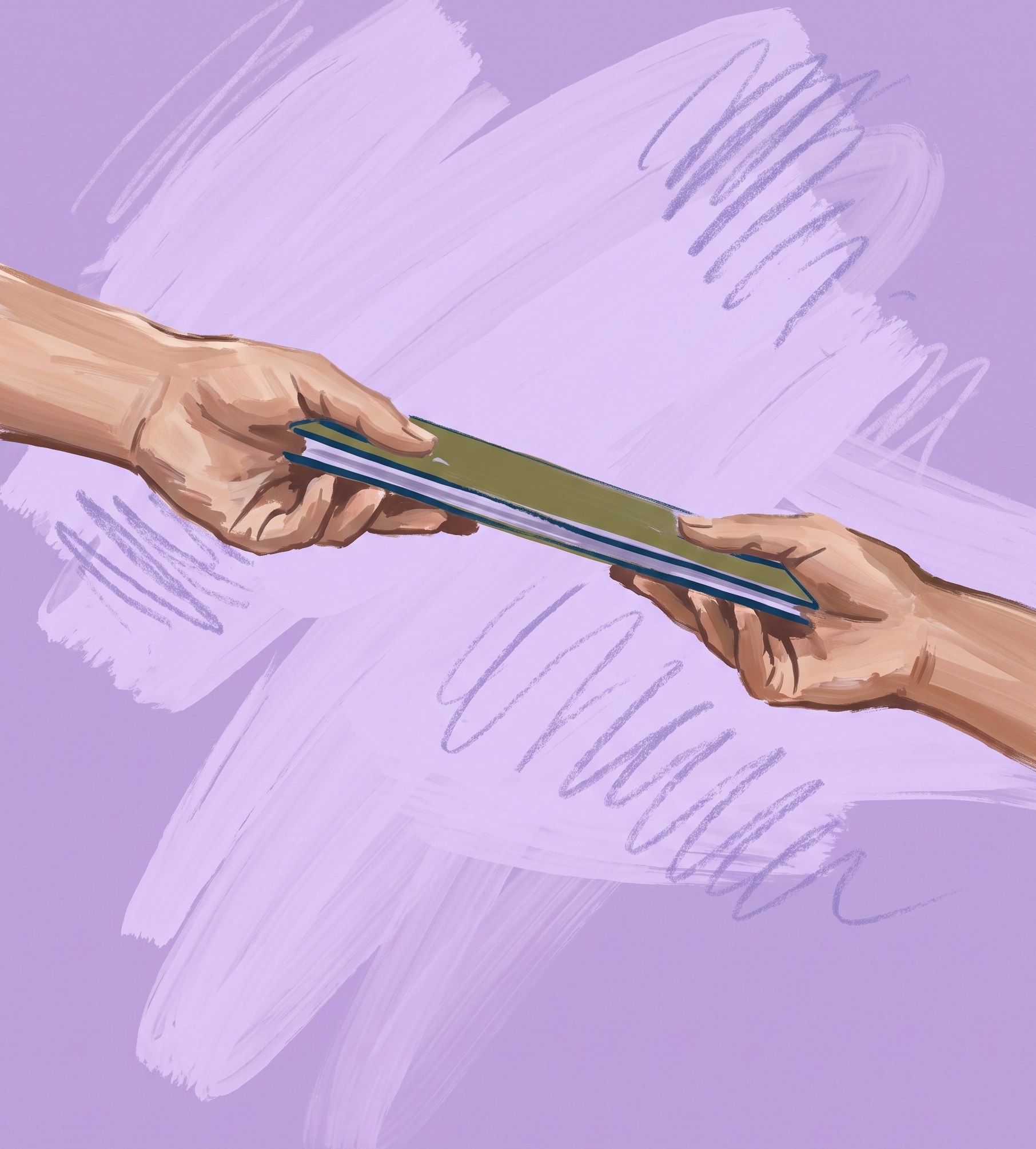 A hand passing a folder to another hand, painted in gouache and ink