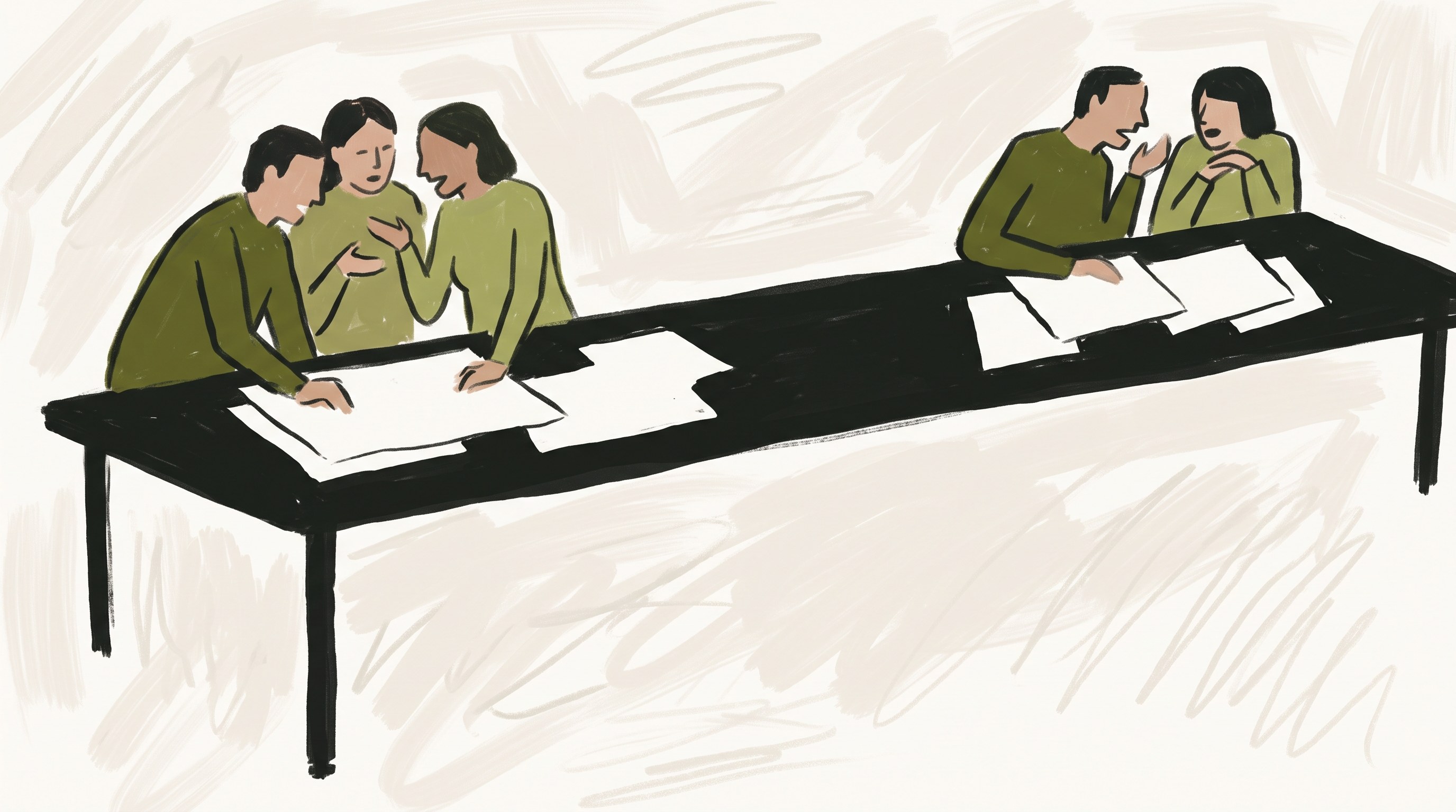 Two pairs of people working at one long dark table