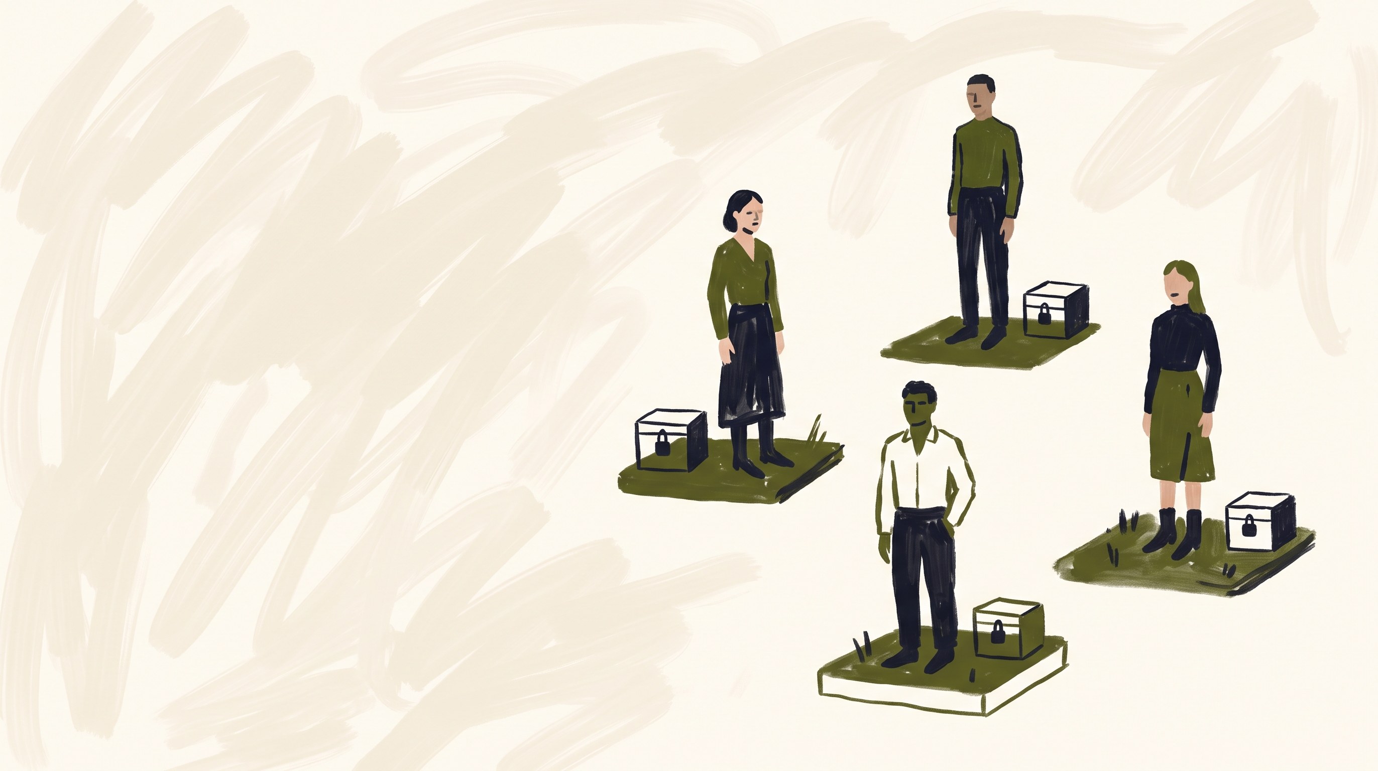 Four people on separate turf squares, each with a locked box